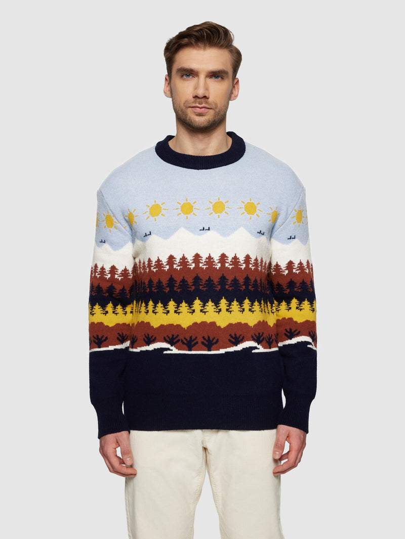 KnowledgeCotton Apparel - UNI Fair Isle crew neck knit - RWS Knits 9932 Multi color AOP