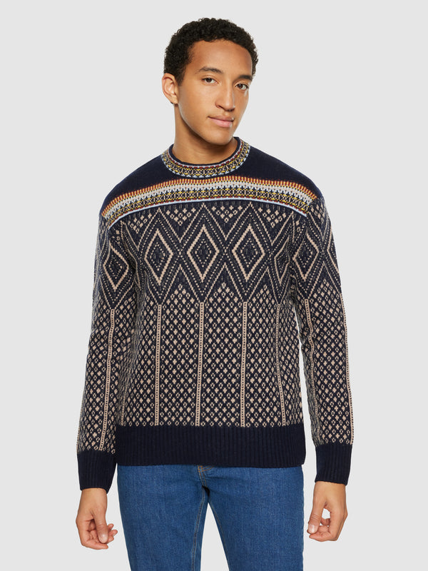KnowledgeCotton Apparel - MEN Fair Isle crew neck lambswool knit - RWS Knits 9921 Blue