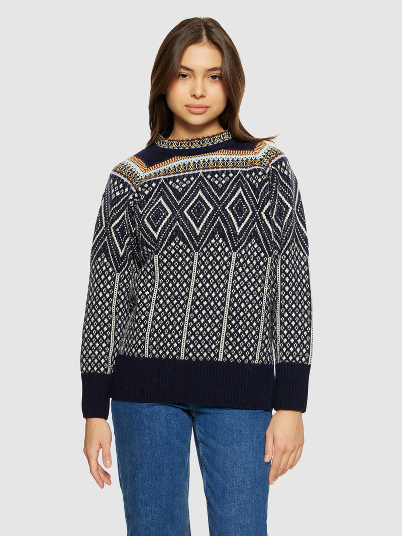 KnowledgeCotton Apparel - WMN Fair Isle crew neck lambswool knit - RWS Knits 9921 Blue