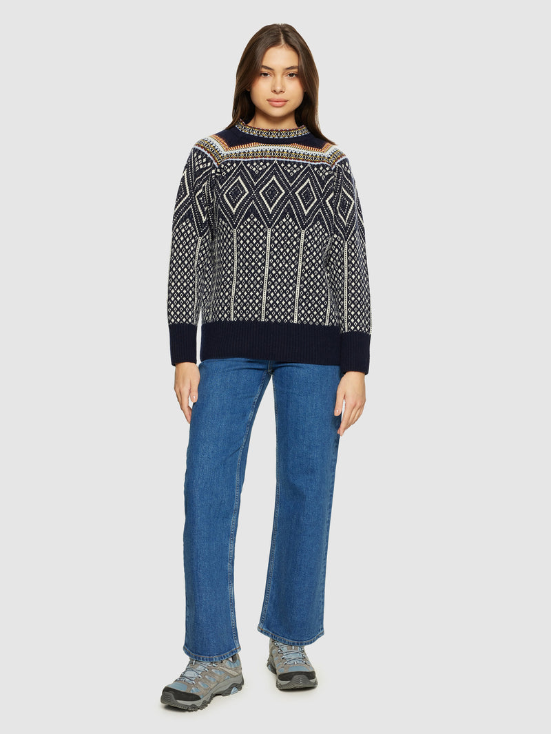 KnowledgeCotton Apparel - WMN Fair Isle crew neck lambswool knit - RWS Knits 9921 Blue