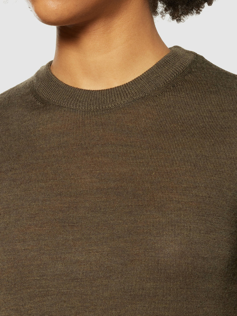 KnowledgeCotton Apparel - WMN Merino Wool Crew Neck RWS Knits 1100 Dark Olive