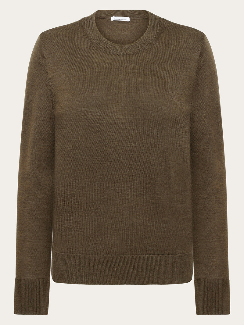 KnowledgeCotton Apparel - WMN Fine merino crew neck - RWS Knits 1100 Dark Olive