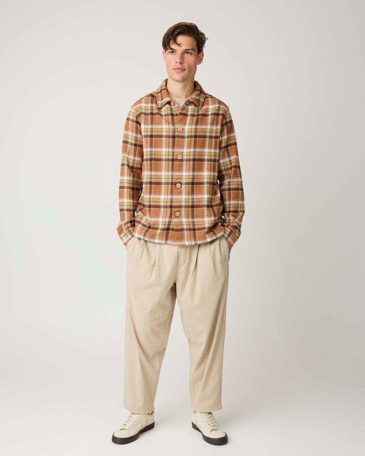 KnowledgeCotton Apparel - MEN Flannel check overshirt Overshirts 7030 Beige check