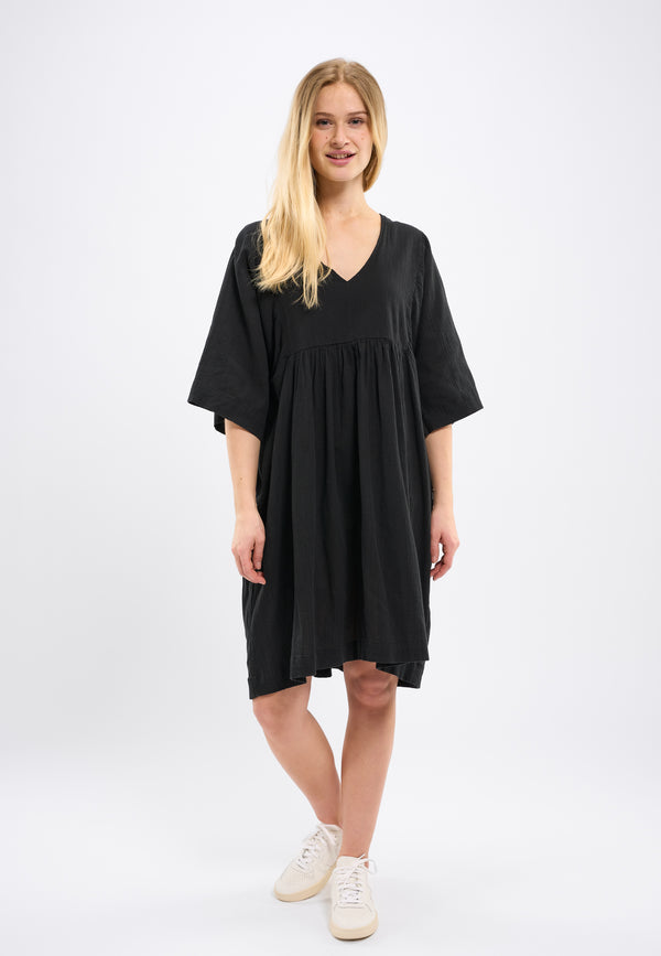 KnowledgeCotton Apparel - WMN HEATHER cotton crepe A-shape dress Dresses 1300 Black Jet