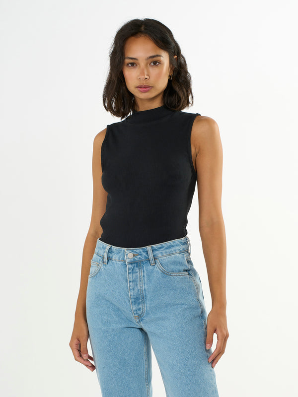 High neck rib top - Black Jet
