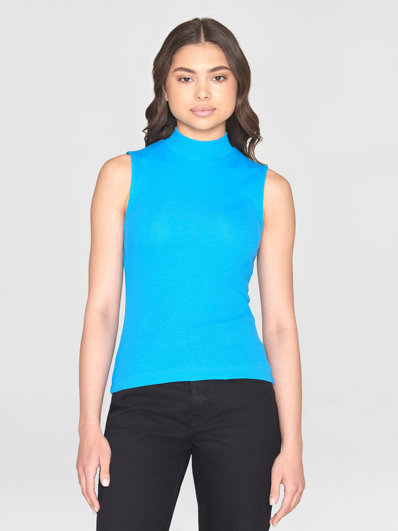 KnowledgeCotton Apparel - WMN High neck rib top T-shirts 1445 Malibu Blue