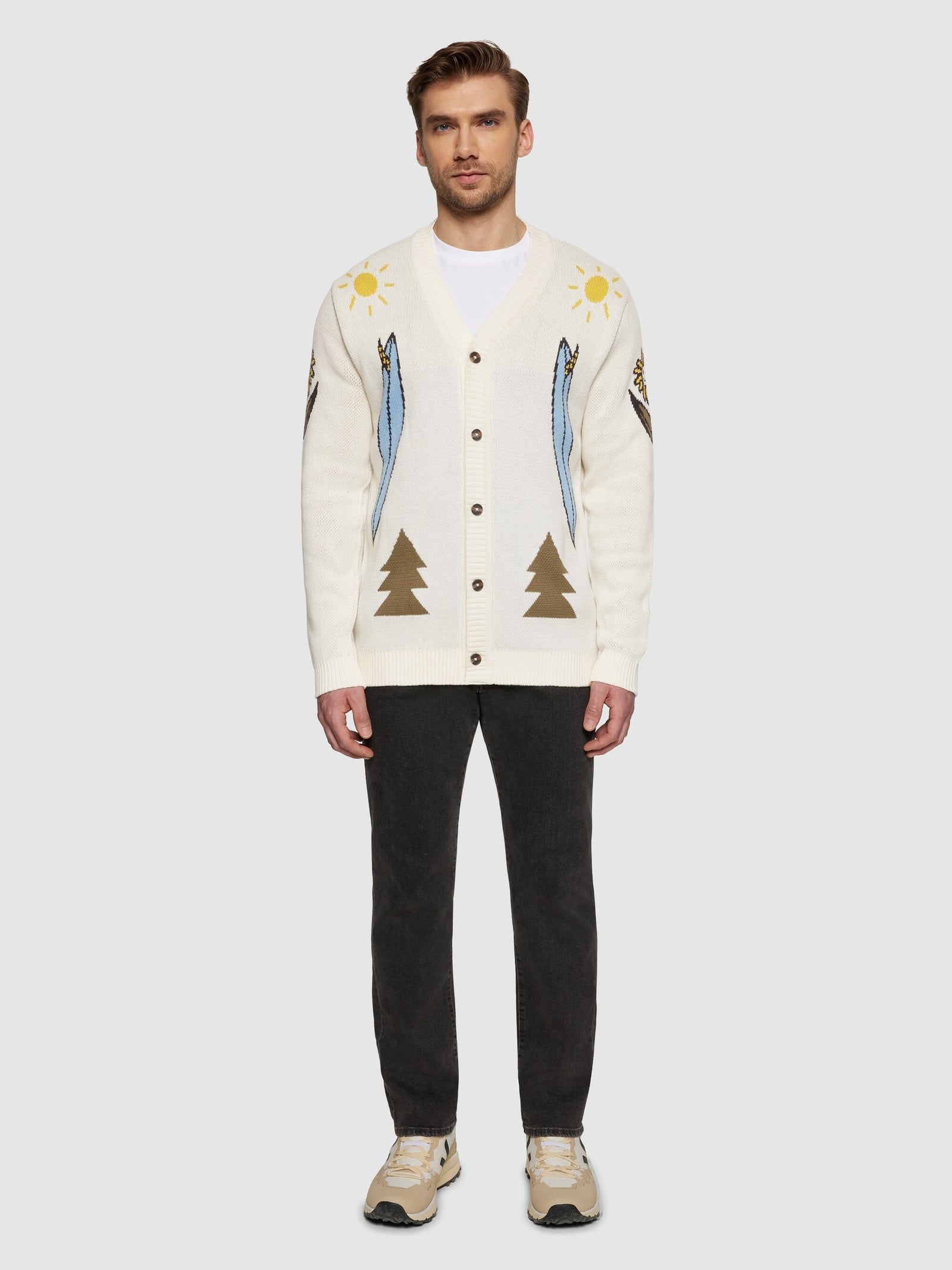 Buy Jacquard Trees Yes Please V-neck cotton knit cardigan
