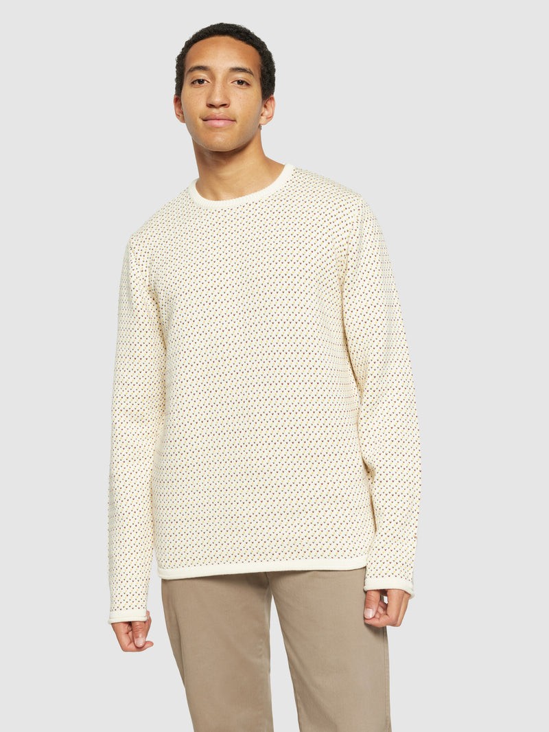 KnowledgeCotton Apparel - MEN Jacquard crew neck knit - Regenerative Organic Certified® - GOTS/Vegan Knits 9920 White