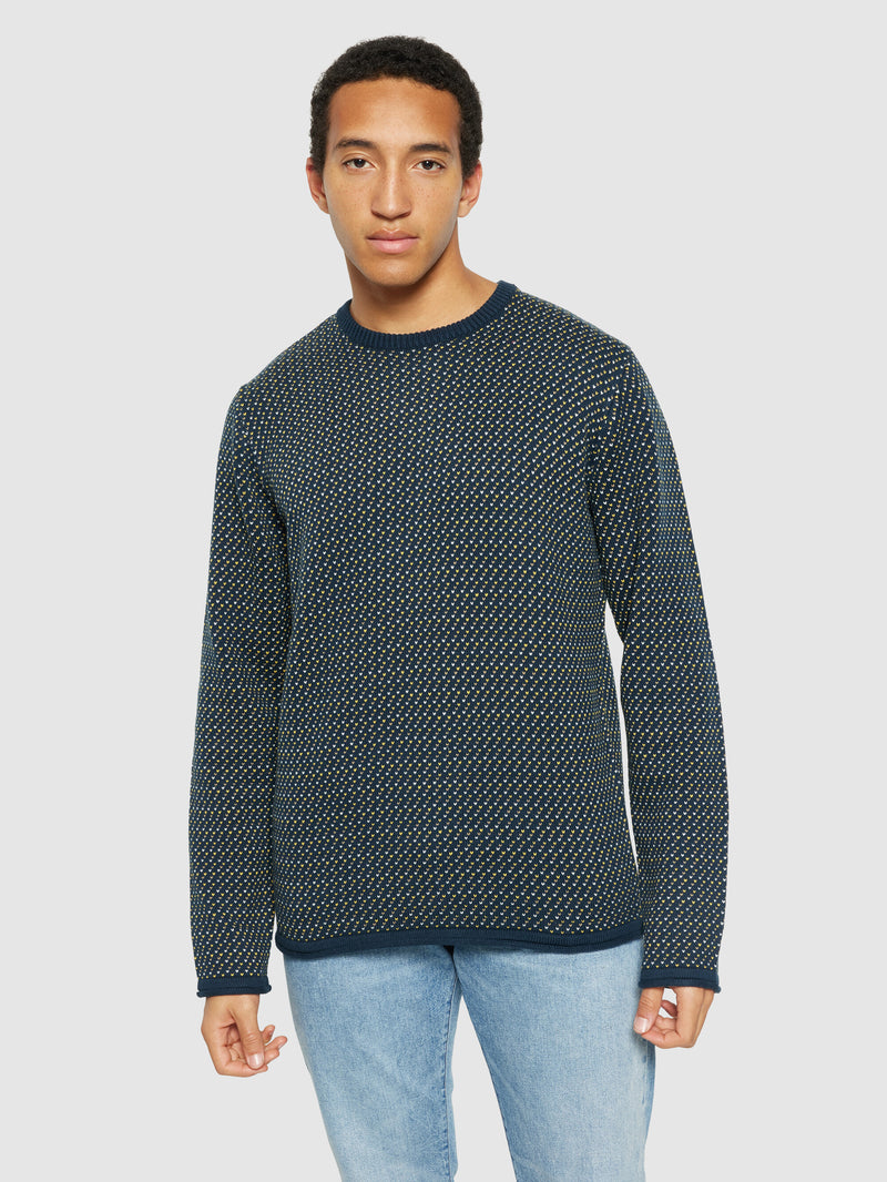 KnowledgeCotton Apparel - MEN Jacquard crew neck knit - Regenerative Organic Certified® - GOTS/Vegan Knits 9921 Blue