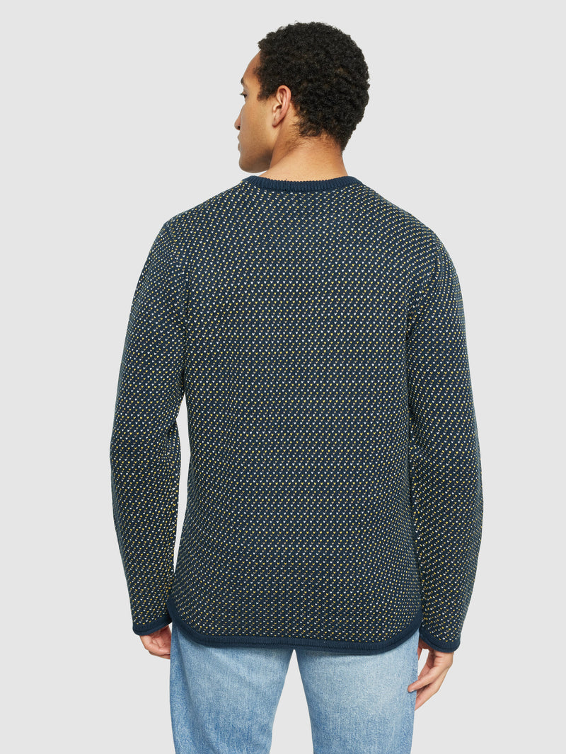 KnowledgeCotton Apparel - MEN Jacquard crew neck knit - Regenerative Organic Certified® - GOTS/Vegan Knits 9921 Blue