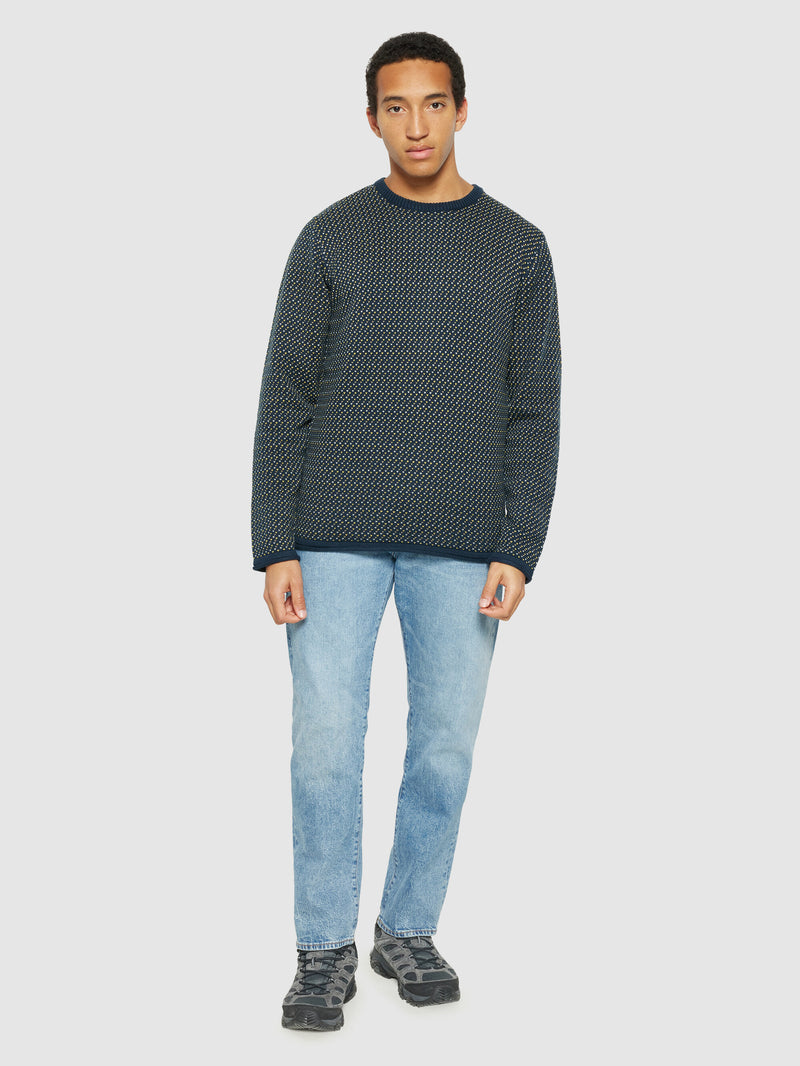 KnowledgeCotton Apparel - MEN Jacquard crew neck knit - Regenerative Organic Certified® - GOTS/Vegan Knits 9921 Blue