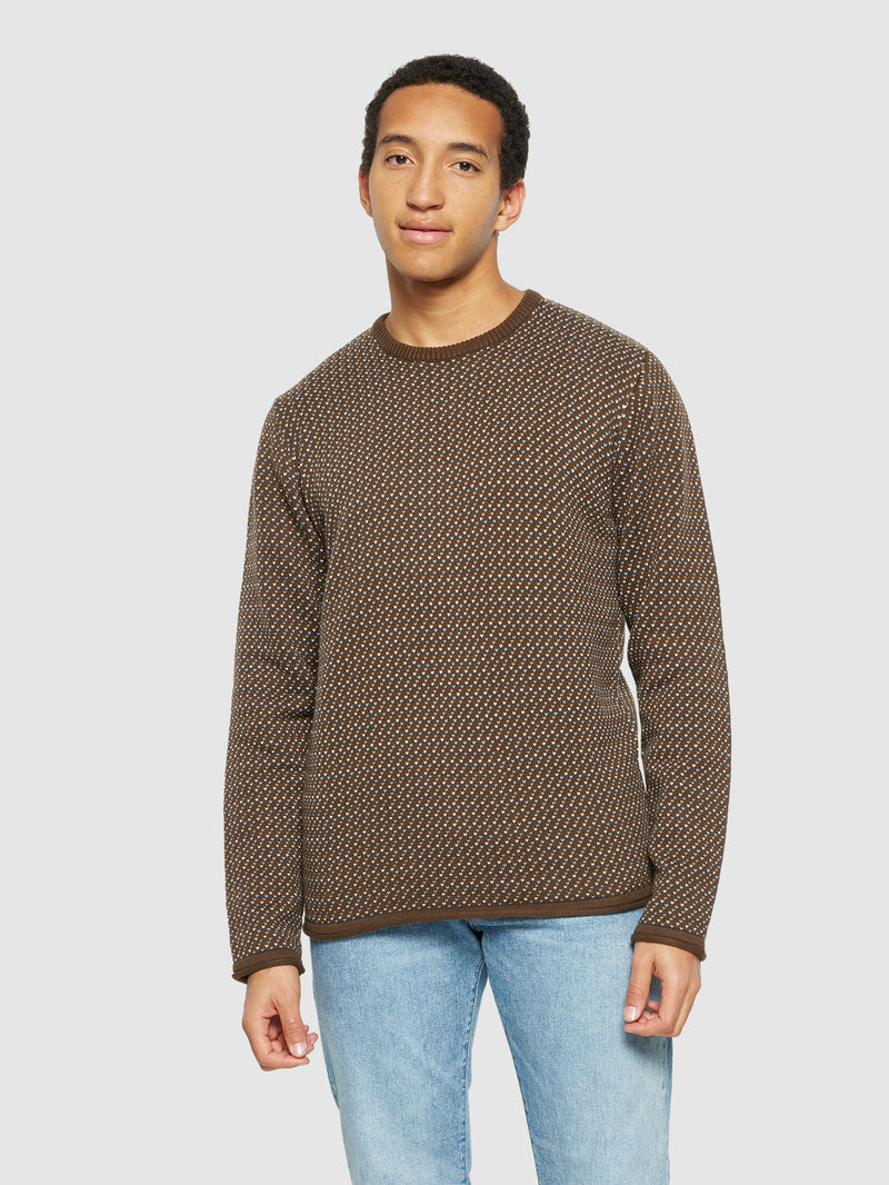 KnowledgeCotton Apparel - MEN Jacquard crew neck knit - Regenerative Organic Certified® - GOTS/Vegan Knits 9926 Brown