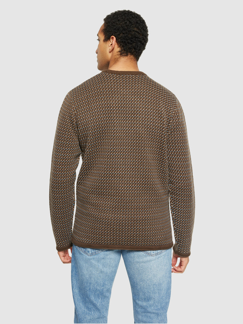 KnowledgeCotton Apparel - MEN Jacquard crew neck knit - Regenerative Organic Certified® - GOTS/Vegan Knits 9926 Brown