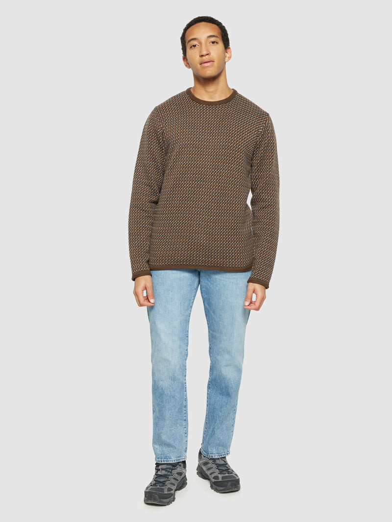 KnowledgeCotton Apparel - MEN Jacquard crew neck knit - Regenerative Organic Certified® - GOTS/Vegan Knits 9926 Brown