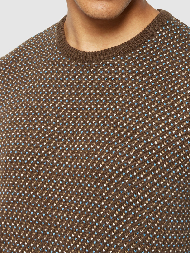 KnowledgeCotton Apparel - MEN Jacquard crew neck knit - Regenerative Organic Certified® - GOTS/Vegan Knits 9926 Brown