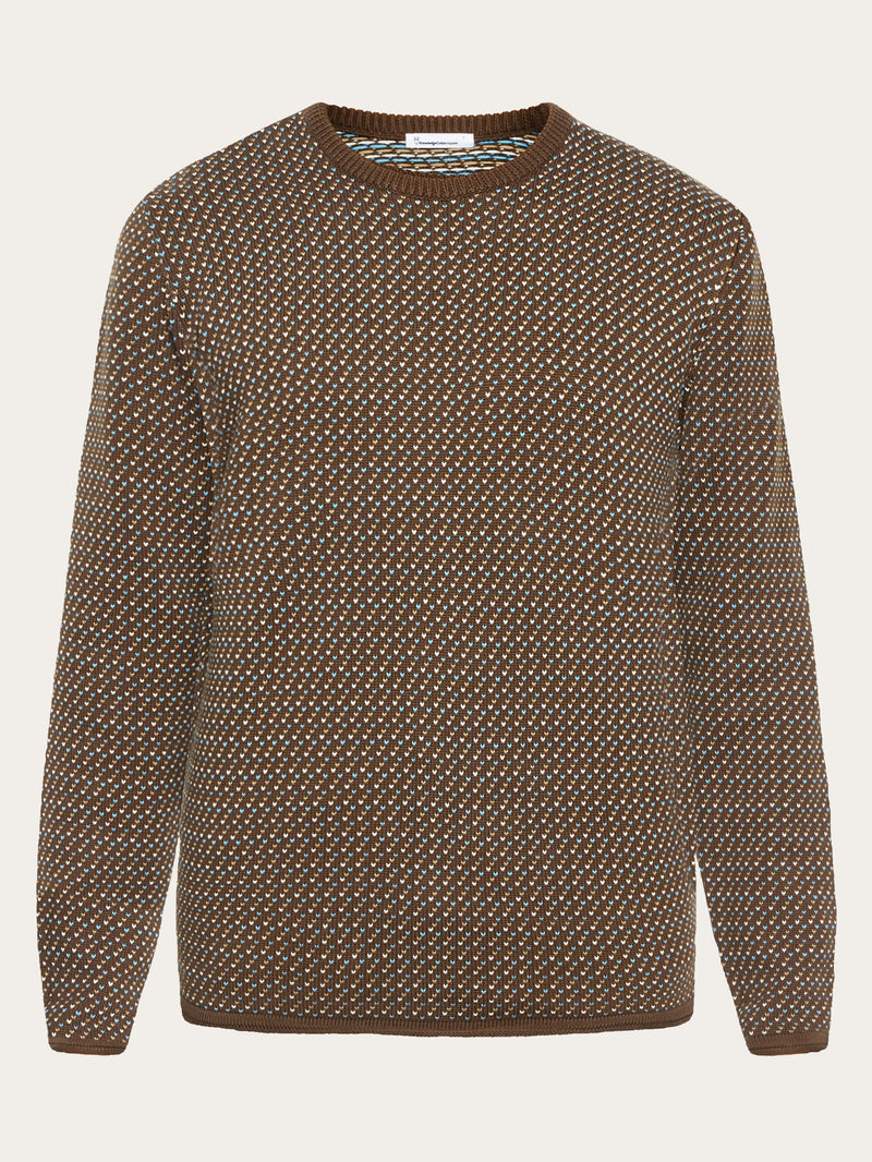 KnowledgeCotton Apparel - MEN Jacquard crew neck knit - Regenerative Organic Certified® - GOTS/Vegan Knits 9926 Brown