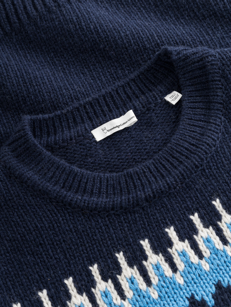 KnowledgeCotton Apparel - MEN Knitted pattern crew neck Knits 8021 Blue stripe