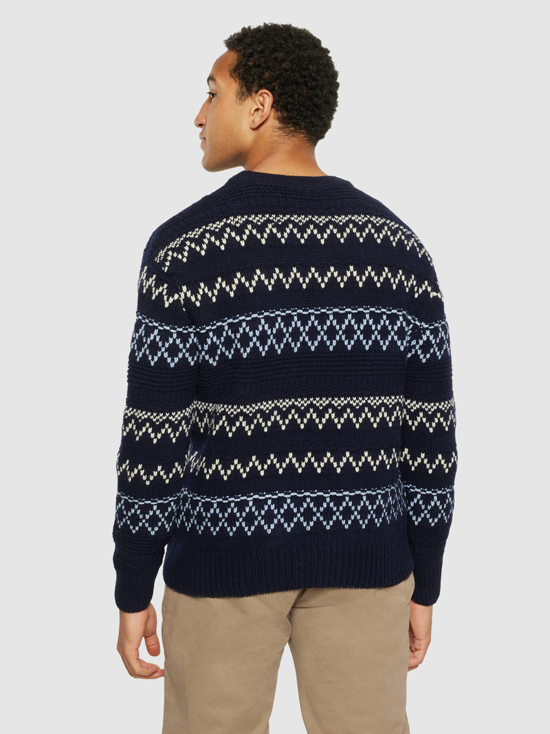 KnowledgeCotton Apparel - MEN Knitted pattern crew neck - RWS Knits 8021 Blue stripe