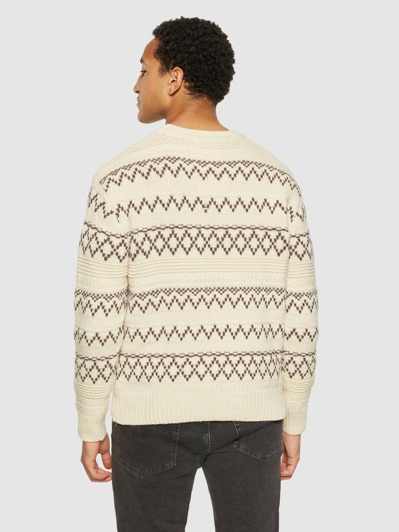 KnowledgeCotton Apparel - MEN Knitted pattern crew neck - RWS Knits 8030 Beige stripe