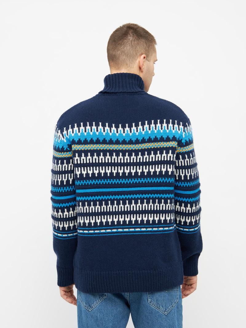 KnowledgeCotton Apparel - MEN Knitted pattern roll neck Knits 8021 Blue stripe