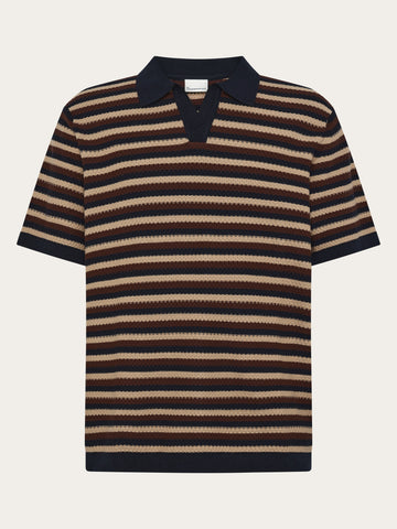 KnowledgeCotton Apparel - MEN Knitted stripe polo Polos 8026 Brown stripe