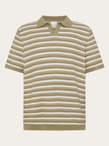 KnowledgeCotton Apparel - MEN Knitted stripe polo Polos 8030 Beige stripe