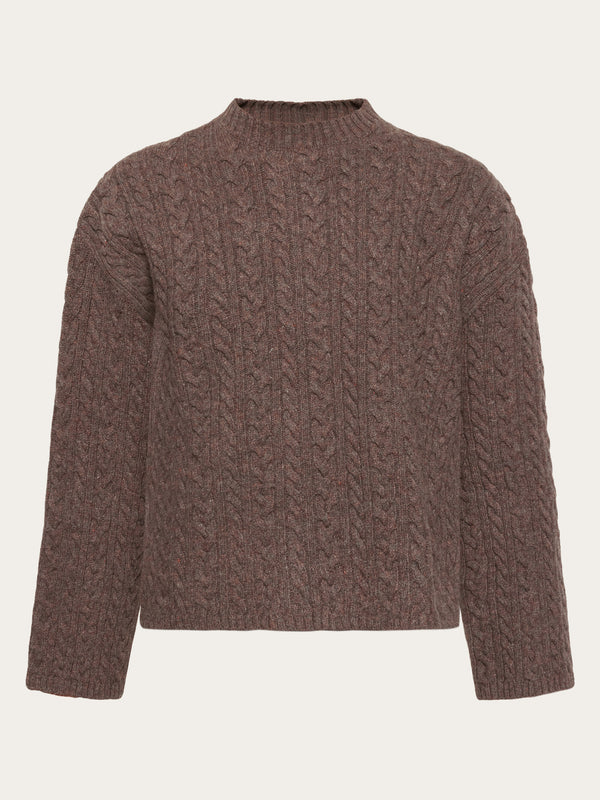 KnowledgeCotton Apparel - WMN Lambswool cable crew neck - RWS Knits 1243 Demitasse (brown)