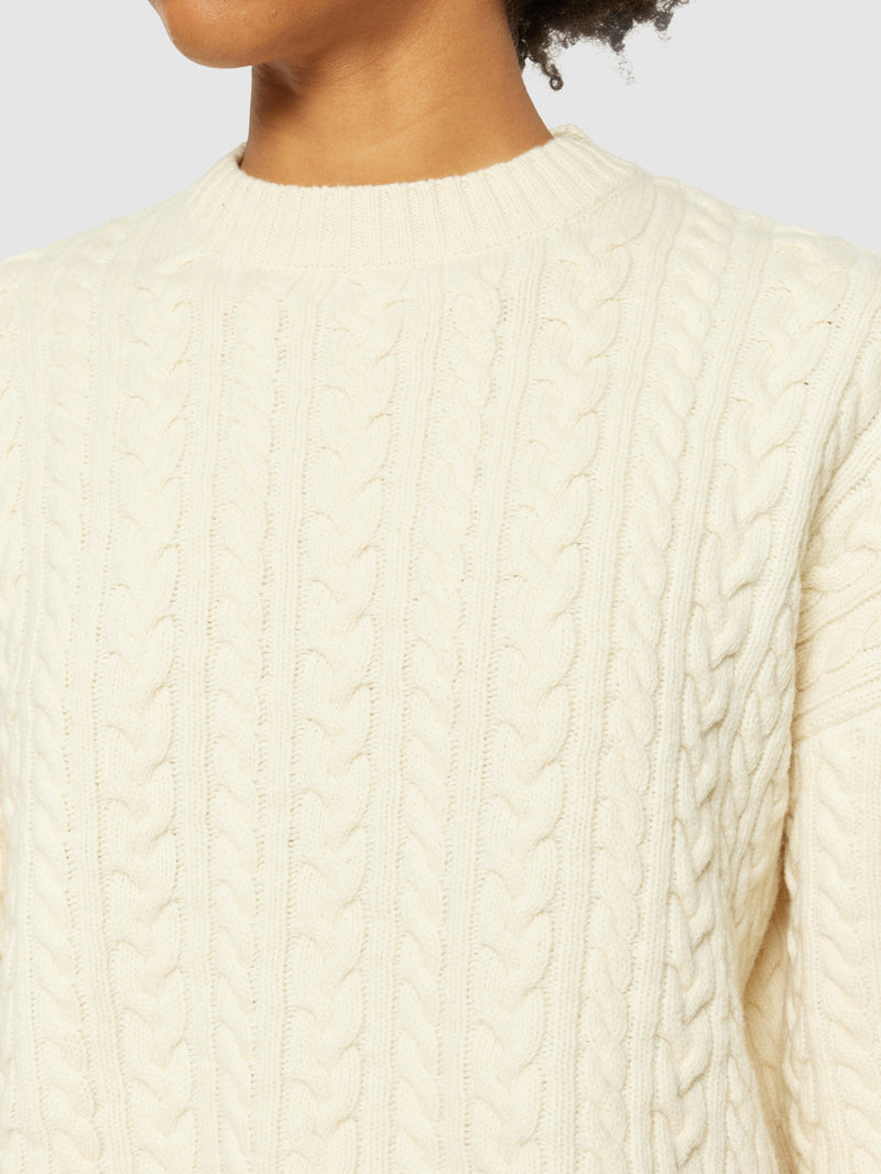 KnowledgeCotton Apparel - WMN Lambswool cable crew neck - RWS Knits 1348 Buttercream