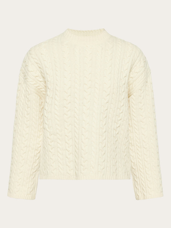 KnowledgeCotton Apparel - WMN Lambswool cable crew neck - RWS Knits 1348 Buttercream