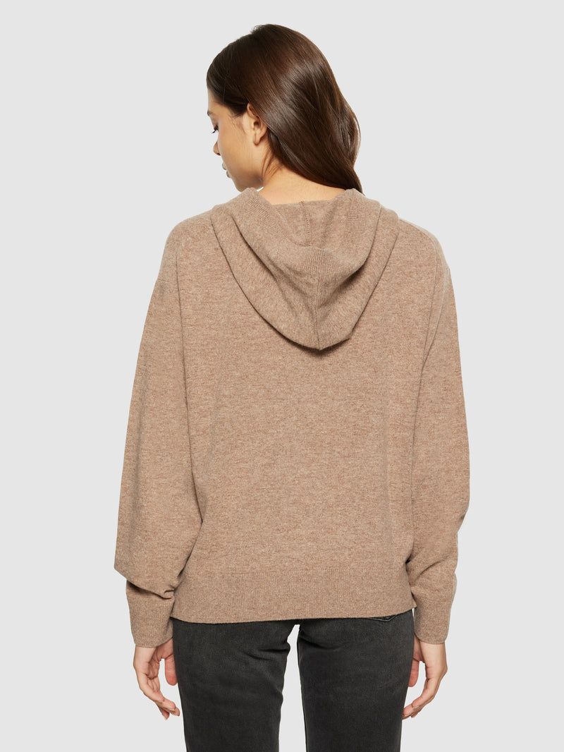 KnowledgeCotton Apparel - WMN Lambswool hood knit - RWS Knits 1336 Kelp melange