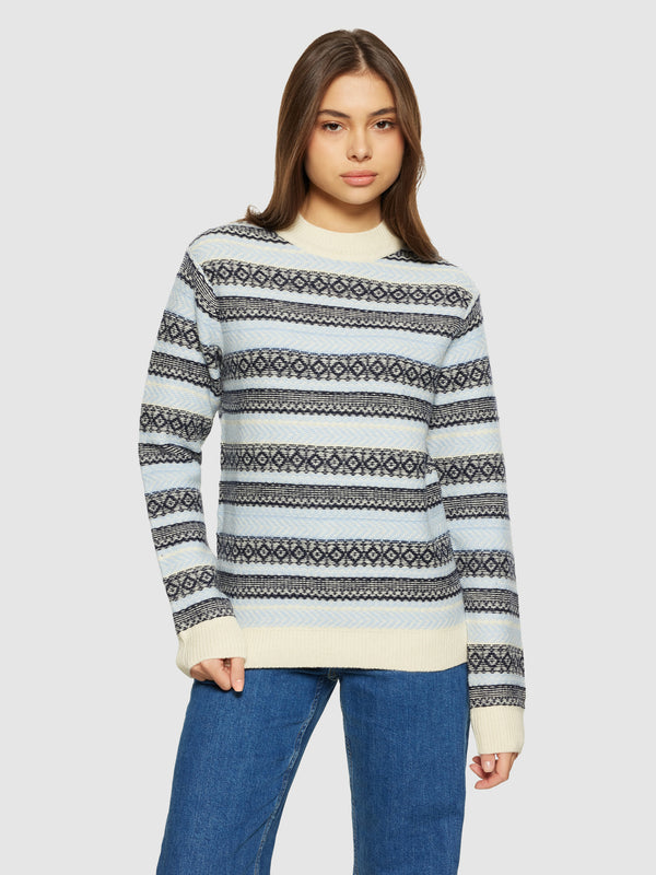 KnowledgeCotton Apparel - WMN Lambswool pattern crew neck - RWS Knits 8034 Light Blue Stripe