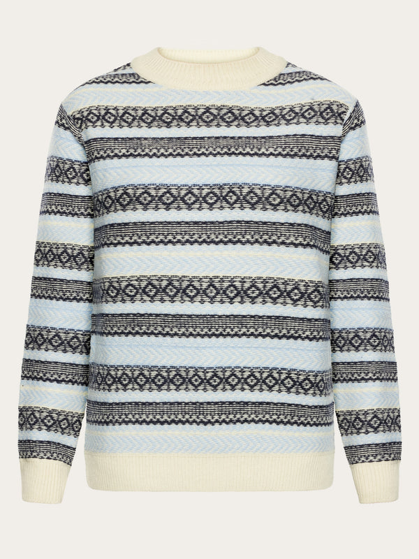 KnowledgeCotton Apparel - WMN Lambswool pattern crew neck - RWS Knits 8034 Light Blue Stripe