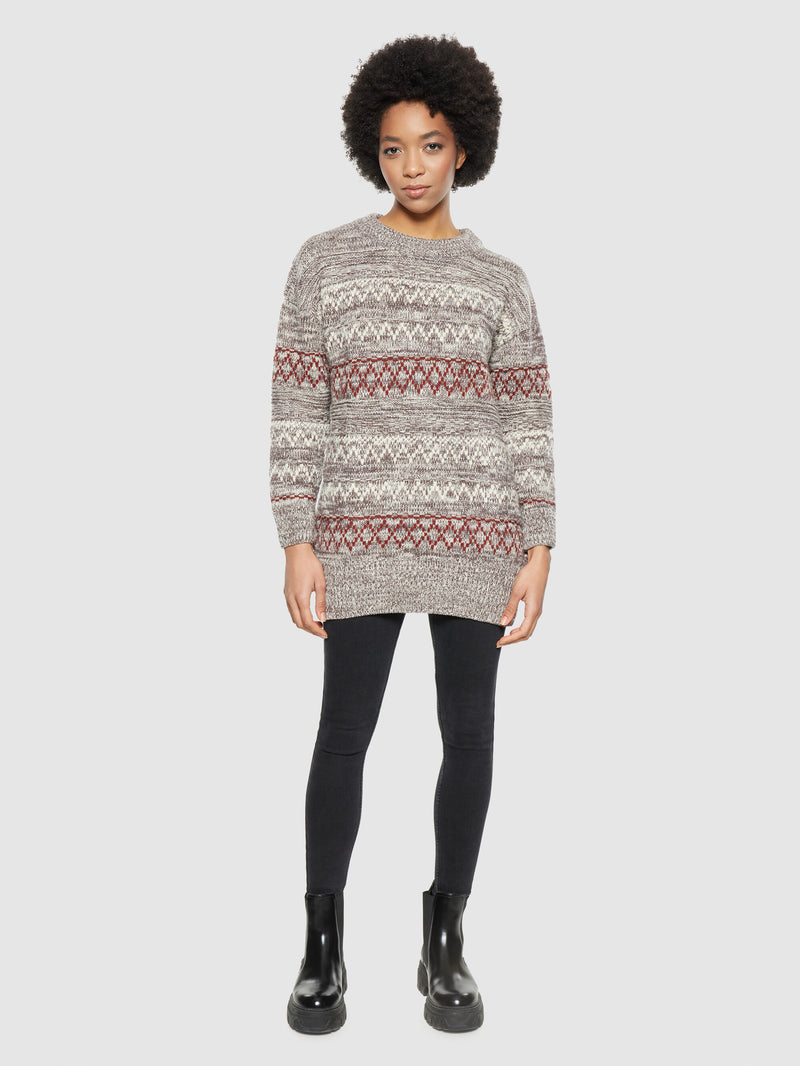 KnowledgeCotton Apparel - WMN Lambswool pattern loose crew neck - RWS Knits 8026 Brown stripe