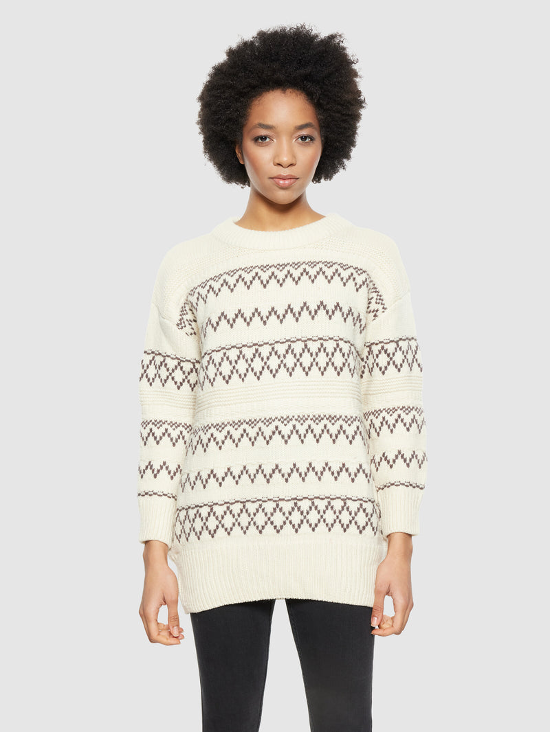KnowledgeCotton Apparel - WMN Lambswool pattern loose crew neck - RWS Knits 8033 Creme Stripe