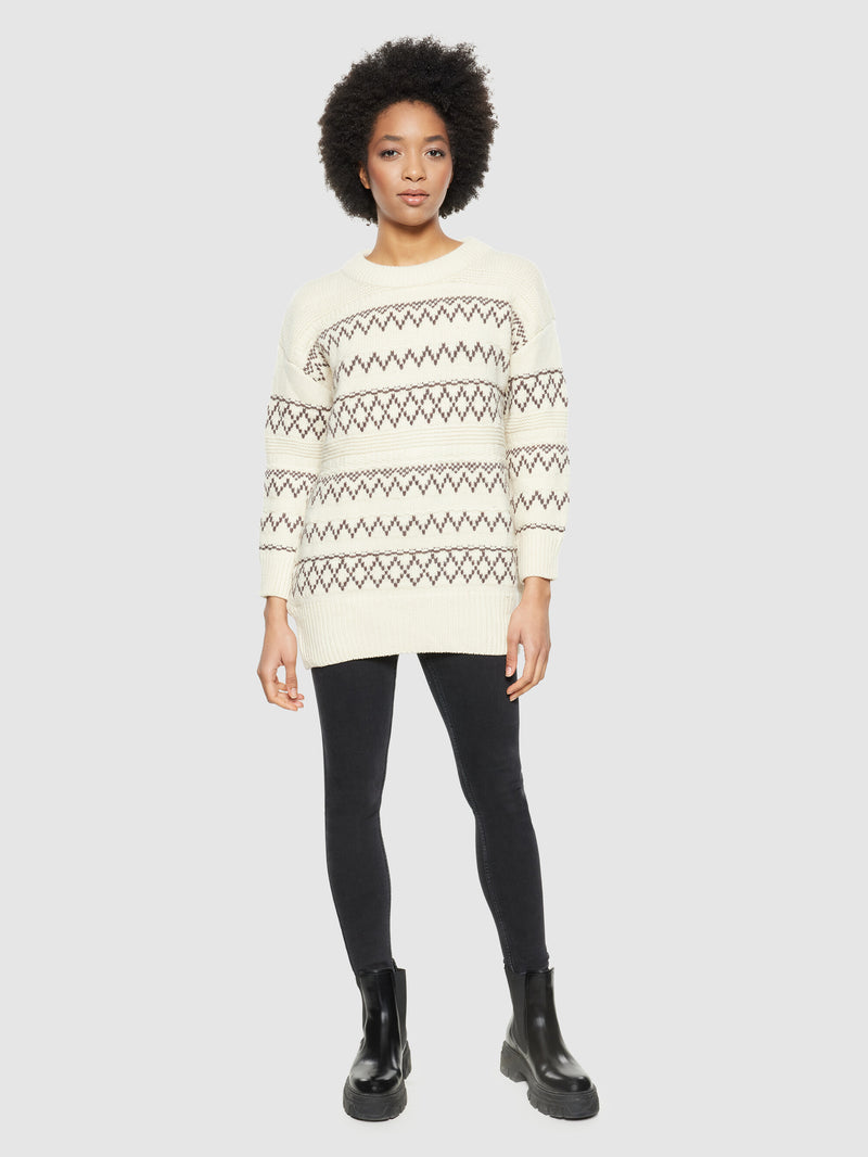 KnowledgeCotton Apparel - WMN Lambswool pattern loose crew neck - RWS Knits 8033 Creme Stripe