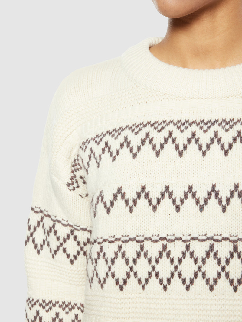 KnowledgeCotton Apparel - WMN Lambswool pattern loose crew neck - RWS Knits 8033 Creme Stripe