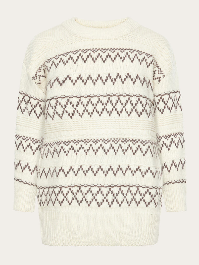 KnowledgeCotton Apparel - WMN Lambswool pattern loose crew neck - RWS Knits 8033 Creme Stripe
