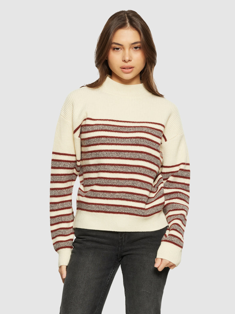 KnowledgeCotton Apparel - WMN Lambswool stripe blocking crew neck - RWS Knits 8026 Brown stripe