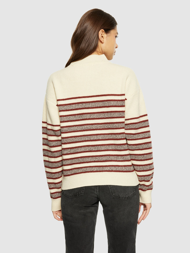 KnowledgeCotton Apparel - WMN Lambswool stripe blocking crew neck - RWS Knits 8026 Brown stripe