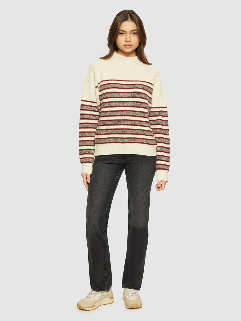 KnowledgeCotton Apparel - WMN Lambswool stripe blocking crew neck - RWS Knits 8026 Brown stripe