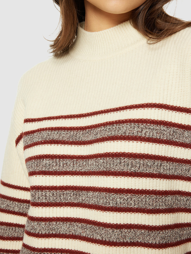 KnowledgeCotton Apparel - WMN Lambswool stripe blocking crew neck - RWS Knits 8026 Brown stripe