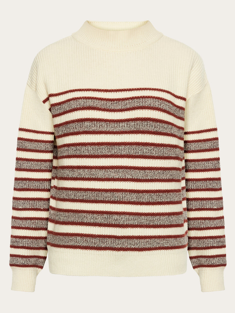 KnowledgeCotton Apparel - WMN Lambswool stripe blocking crew neck - RWS Knits 8026 Brown stripe