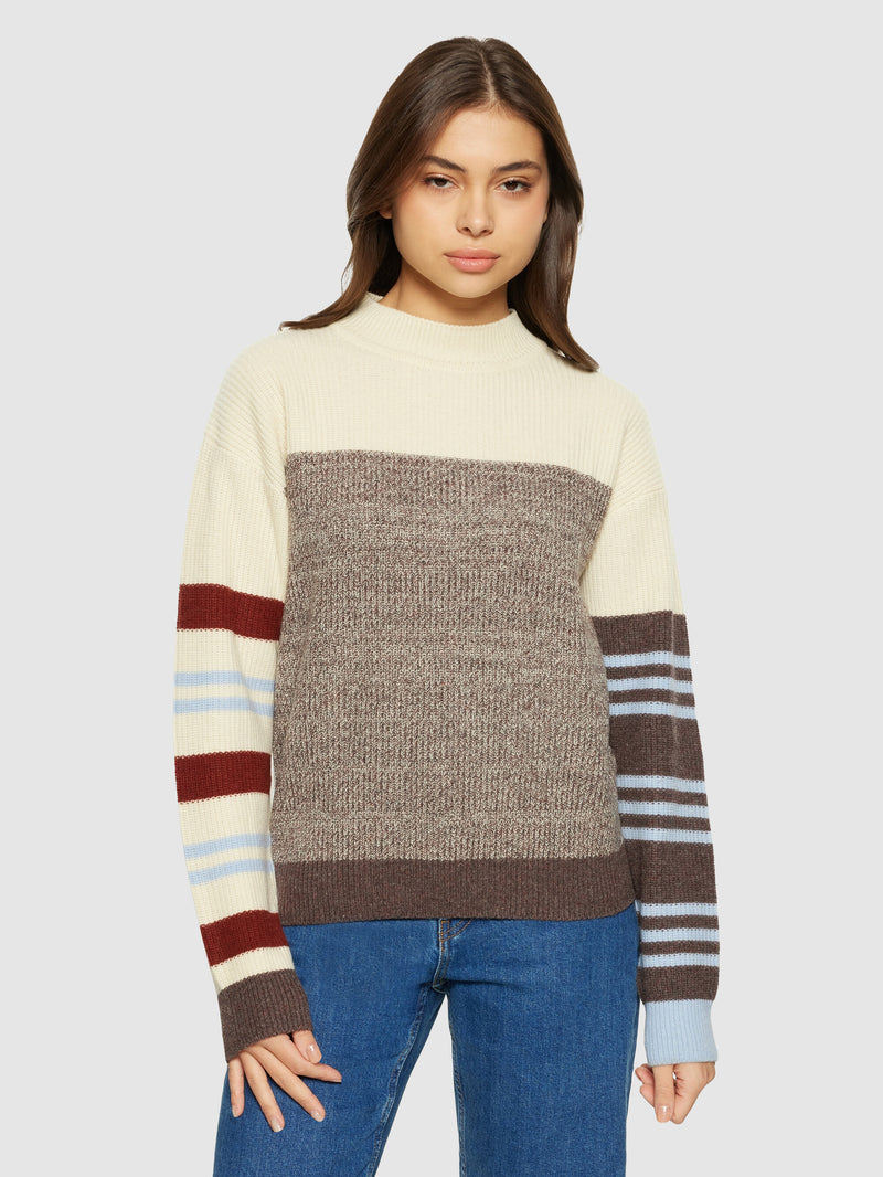 KnowledgeCotton Apparel - WMN Lambswool stripe blocking crew neck - RWS Knits 8032 Multi color stripe