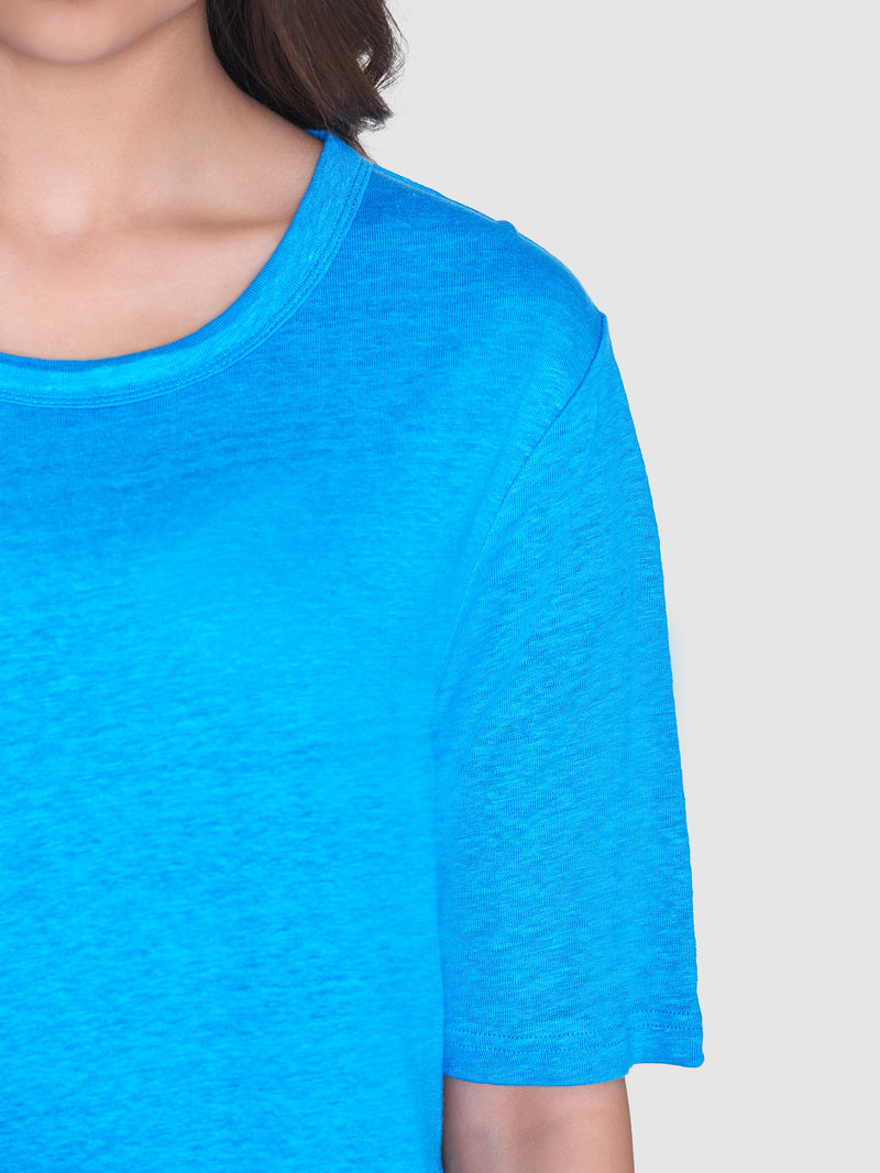 KnowledgeCotton Apparel - WMN Linen short sleeved t-shirt dress Dresses 1445 Malibu Blue