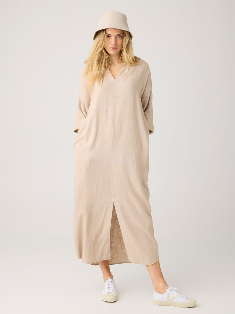 linen v neck dress French Connection Women's Cooper Contrast V-Neck Midi - Summer White / Ecru Crystal deep V Good Linen V-Neck Volume Dress