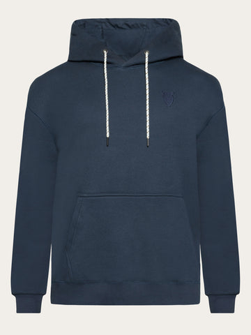 KnowledgeCotton Apparel - MEN Loose fit hood kangaroo pocket sweat with embroidery at chest Sweats 1001 Total Eclipse