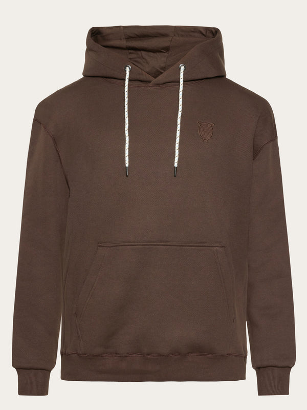 KnowledgeCotton Apparel - MEN Loose fit hood kangaroo pocket sweat with embroidery at chest Sweats 1243 Demitasse (brown)