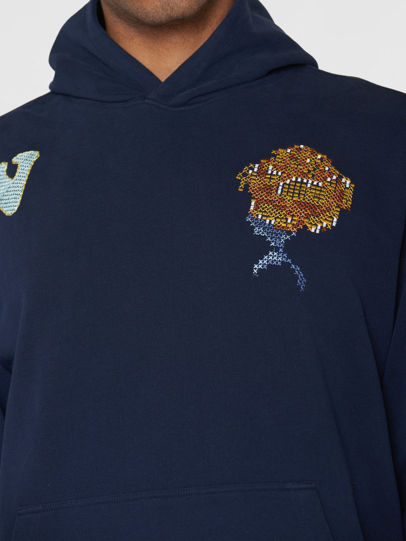 KnowledgeCotton Apparel - MEN Loose fit hood sweat with AOP embroidery - GOTS/Vegan Sweats 1412 Night Sky