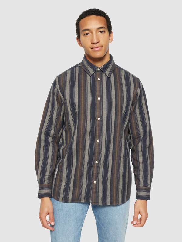 KnowledgeCotton Apparel - MEN Loose fit striped flannel shirt - GOTS/Vegan Shirts 8024 Yellow stripe