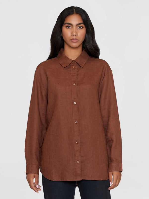 KnowledgeCotton Apparel - WMN Loose linen long sleeved shirt - GOTS/Vegan Shirts 1441 Tiramisu